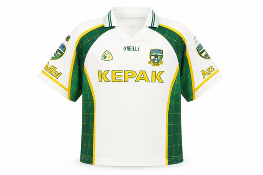 Front view of O'Neill boys’ white green football jersey 13-14 years collared sports top