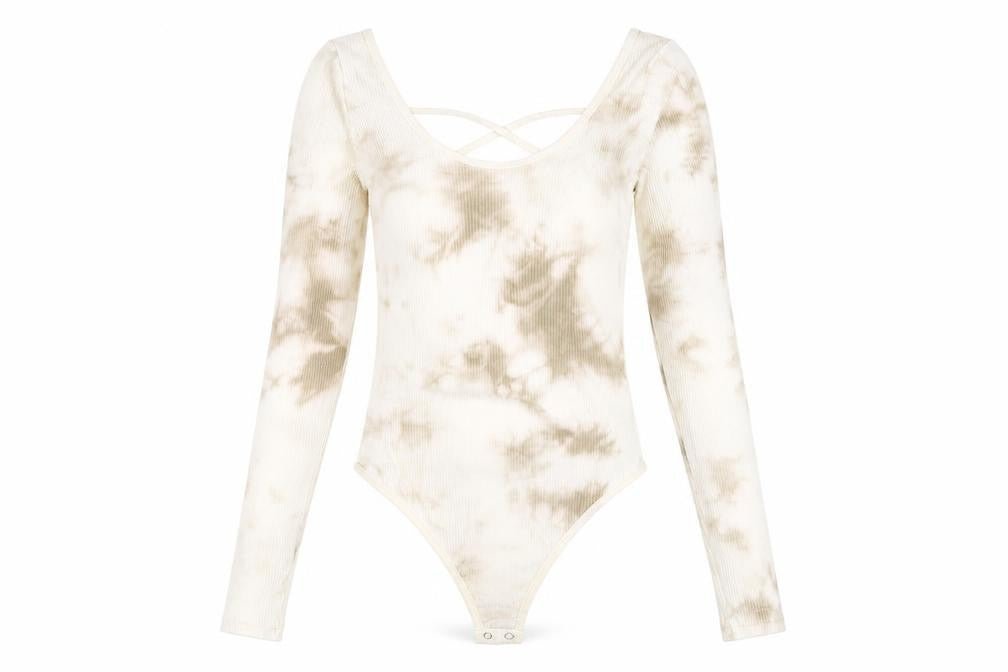 Stradivarius Womens Beige Tie Dye Long Sleeve Bodysuit Size 12