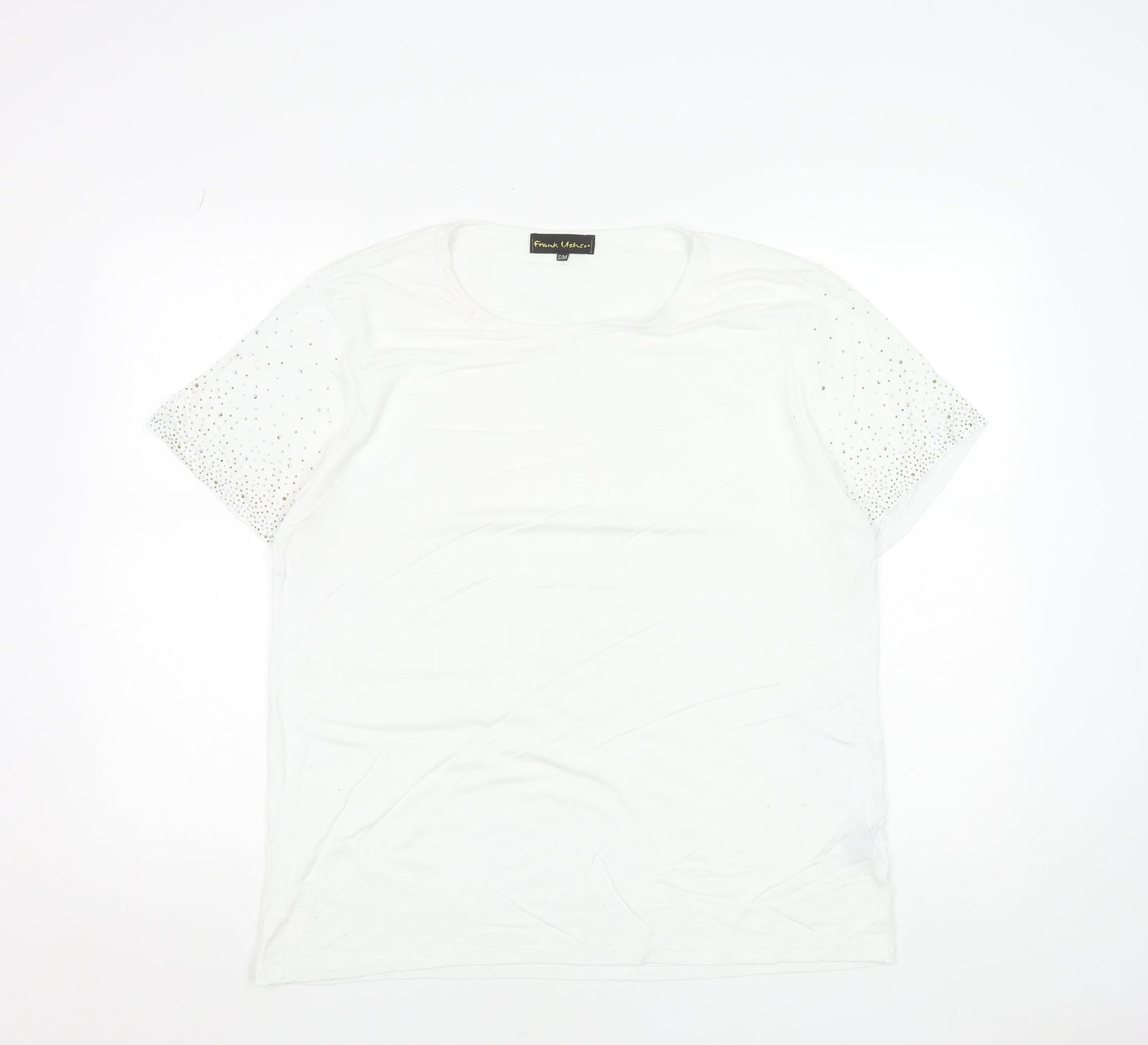 Frank Usher Women White Rhinestone Short Sleeve T-Shirt Size S