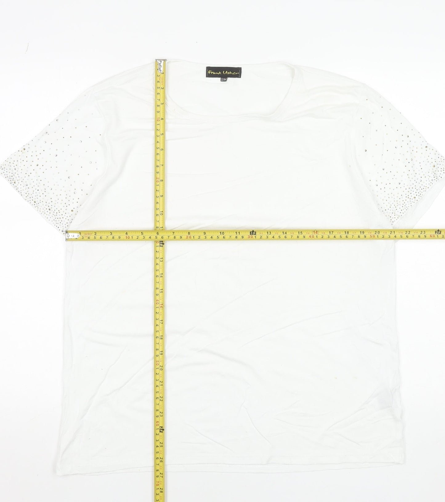 Frank Usher Women White Rhinestone Short Sleeve T-Shirt Size S