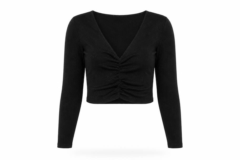 Zara Womens Black Cropped V-Neck Long Sleeve Top Size S
