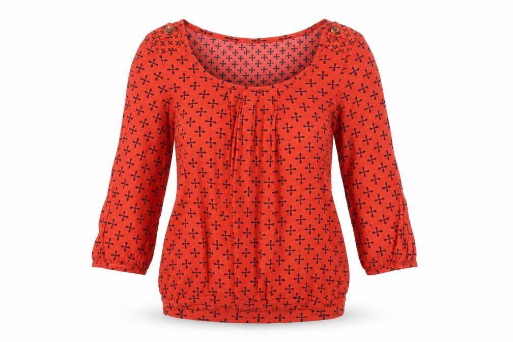 Next Women Red Geometric Jersey Blouse Size 12 3/4 Sleeve Scoop Neck