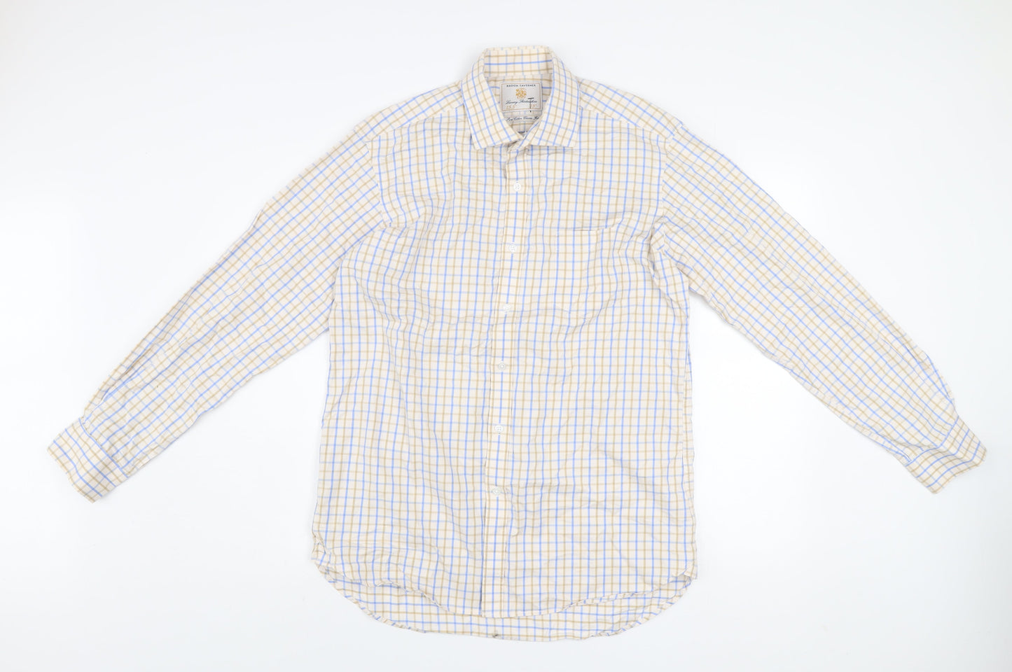 Brook Taverner Men's Beige Blue Check Classic Fit Cotton Shirt 15.5in