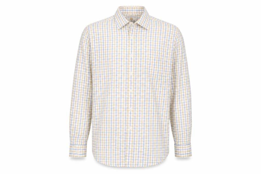 Brook Taverner Men's Beige Blue Check Classic Fit Cotton Shirt 15.5in