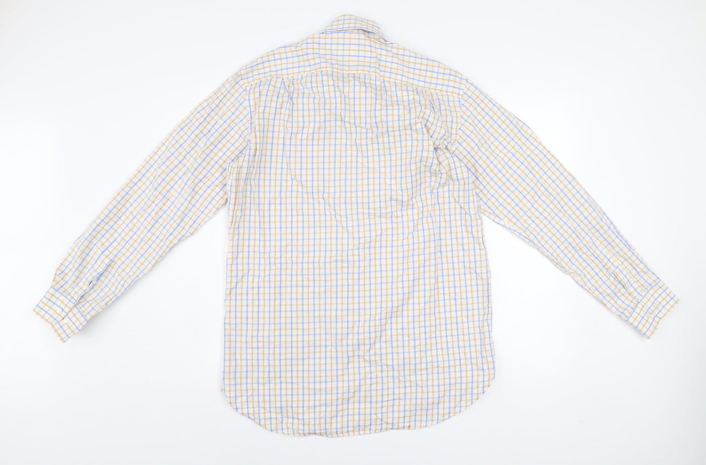Brook Taverner Men's Beige Blue Check Classic Fit Cotton Shirt 15.5in