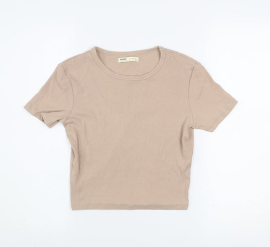 Pull&Bear Womens Beige Basic Ribbed Cotton T-Shirt Size L