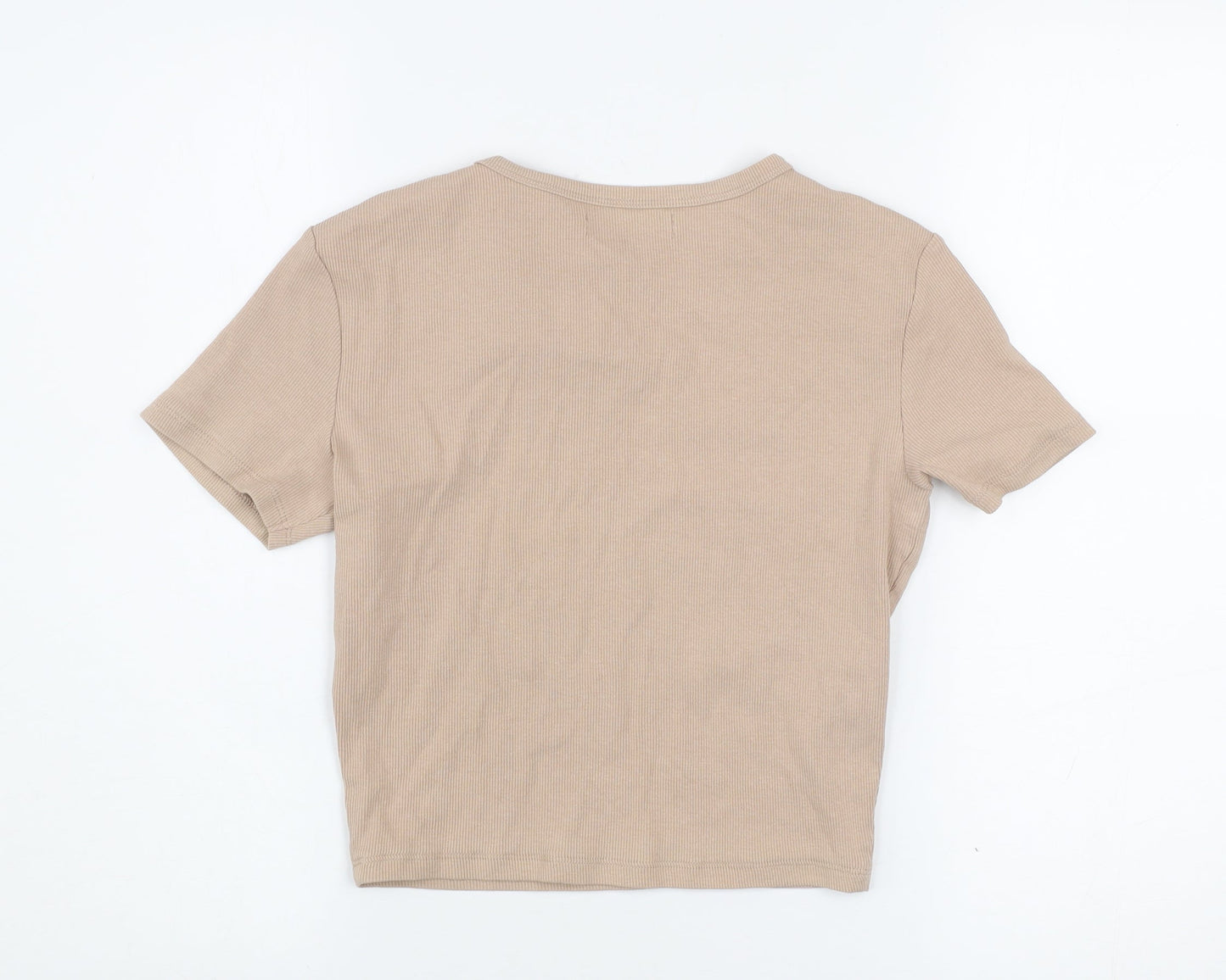 Pull&Bear Womens Beige Basic Ribbed Cotton T-Shirt Size L