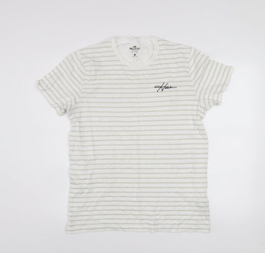 Hollister Men's White Striped Cotton Crew Neck T-Shirt Size M