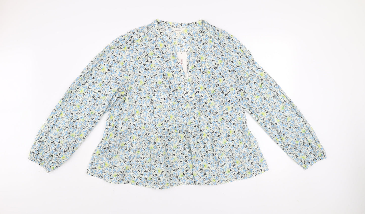 Marks and Spencer Per Una Women's Blue Floral Long Sleeve Cotton Tunic Blouse Size 18