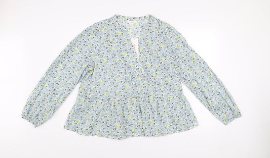Marks and Spencer Per Una Women's Blue Floral Long Sleeve Cotton Tunic Blouse Size 18