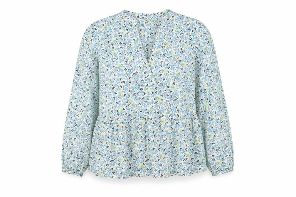 Marks & Spencer Per Una Women's Blue Floral Long Sleeve Cotton Tunic Blouse Size 18