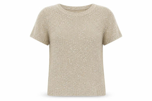 Marks and Spencer Women Beige Sequin Knit Short Sleeve T-Shirt UK 8