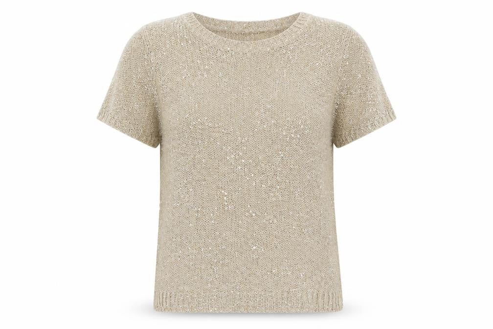 Marks & Spencer Women Beige Sequin Knit Short Sleeve T-Shirt UK 8