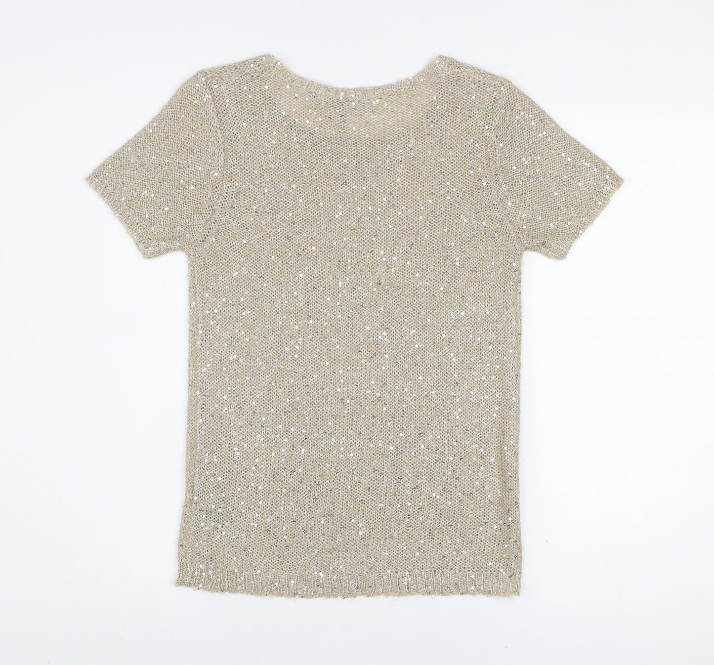Marks and Spencer Women Beige Sequin Knit Short Sleeve T-Shirt UK 8