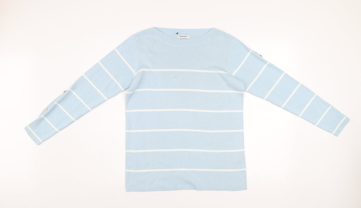 Damart Women Blue Striped Boat Neck Long Sleeve Pullover Jumper Size 10