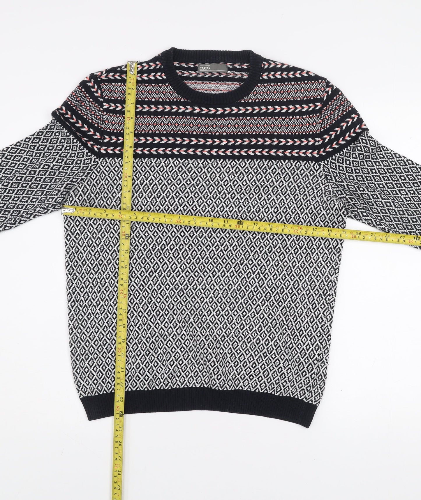 ASOS Men’s Black Fair Isle Crew Neck Cotton Jumper Size M