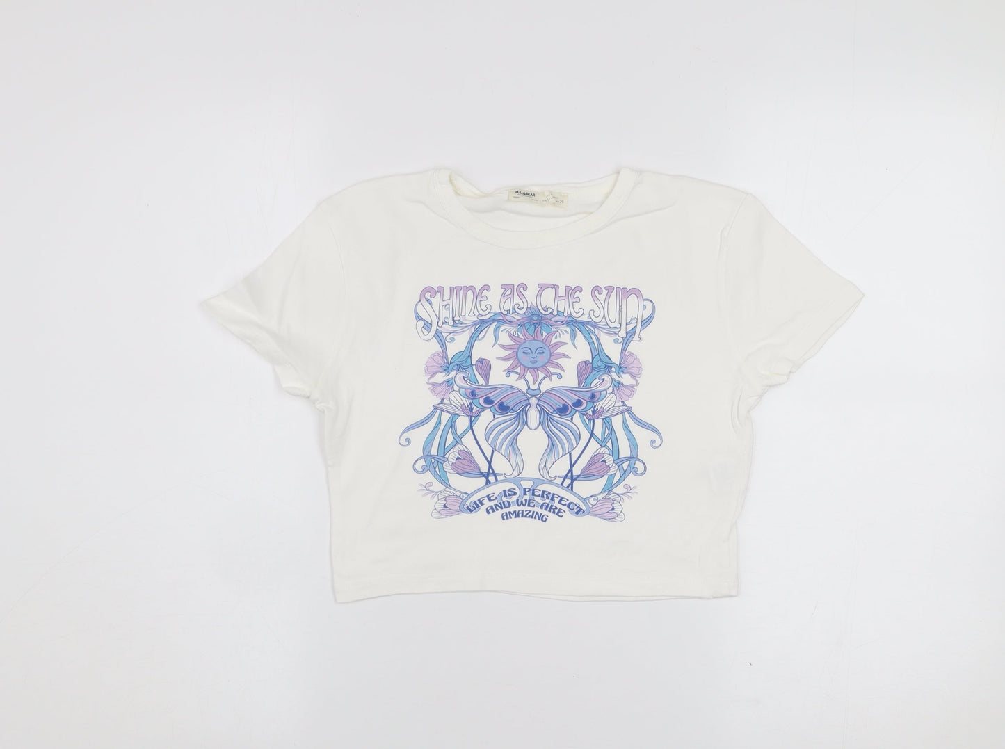 Pull & Bear Women's White Cropped Graphic T-Shirt Size S