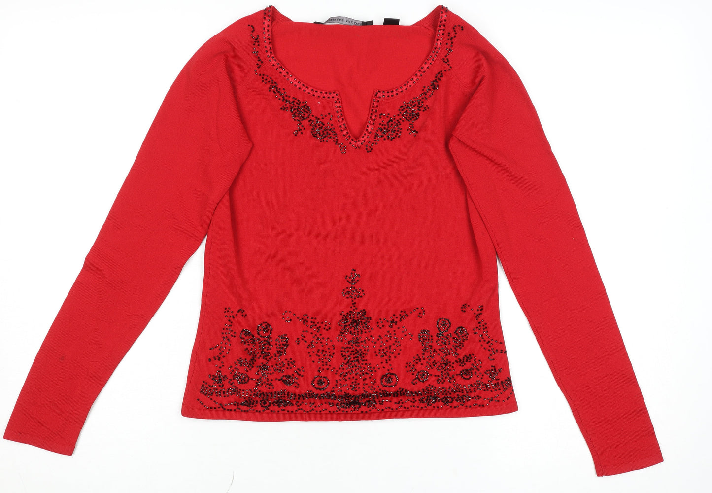 Michelle Nicole Women's Red Beaded V-Neck Long Sleeve Jumper Size M