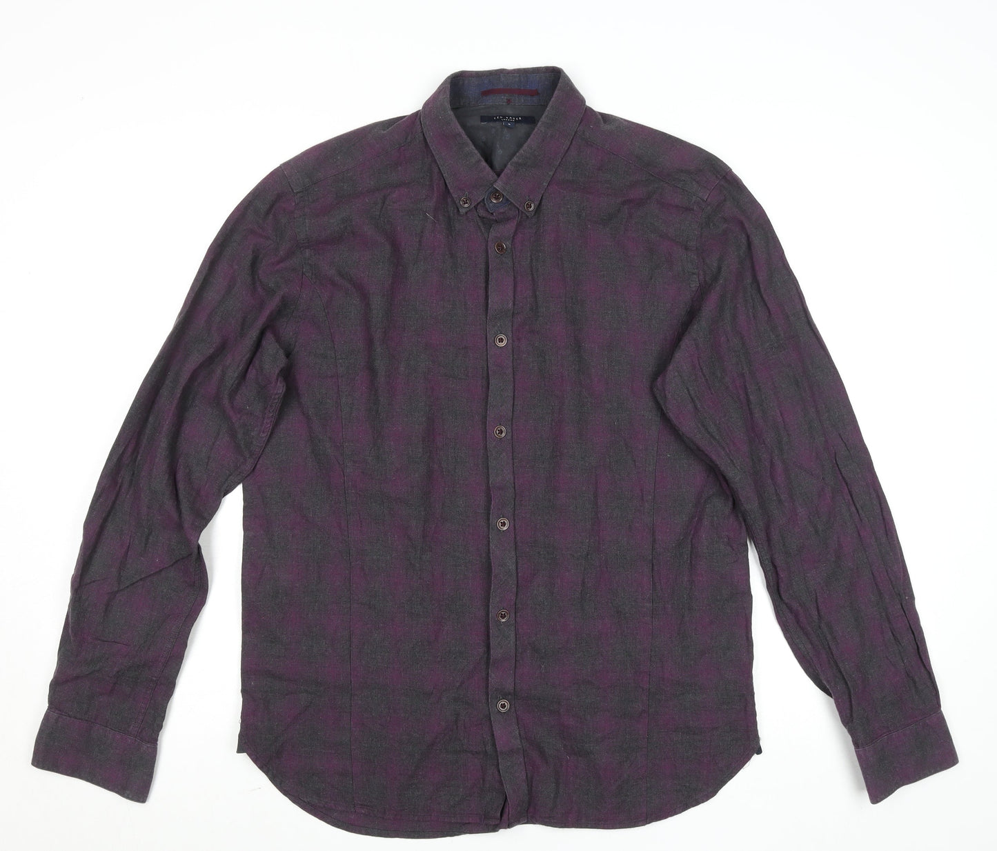 Ted Baker London Men's Purple Check Long Sleeve Cotton Button-Up Shirt Size L