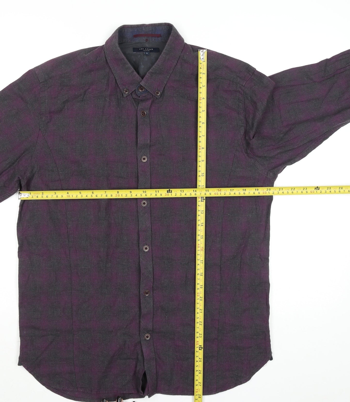 Ted Baker London Men's Purple Check Long Sleeve Cotton Button-Up Shirt Size L