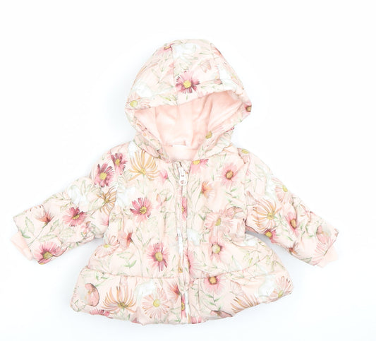 Next Girls Pink Floral Hooded Puffer Jacket 0-3 Months Polyester Lined Winter Coat