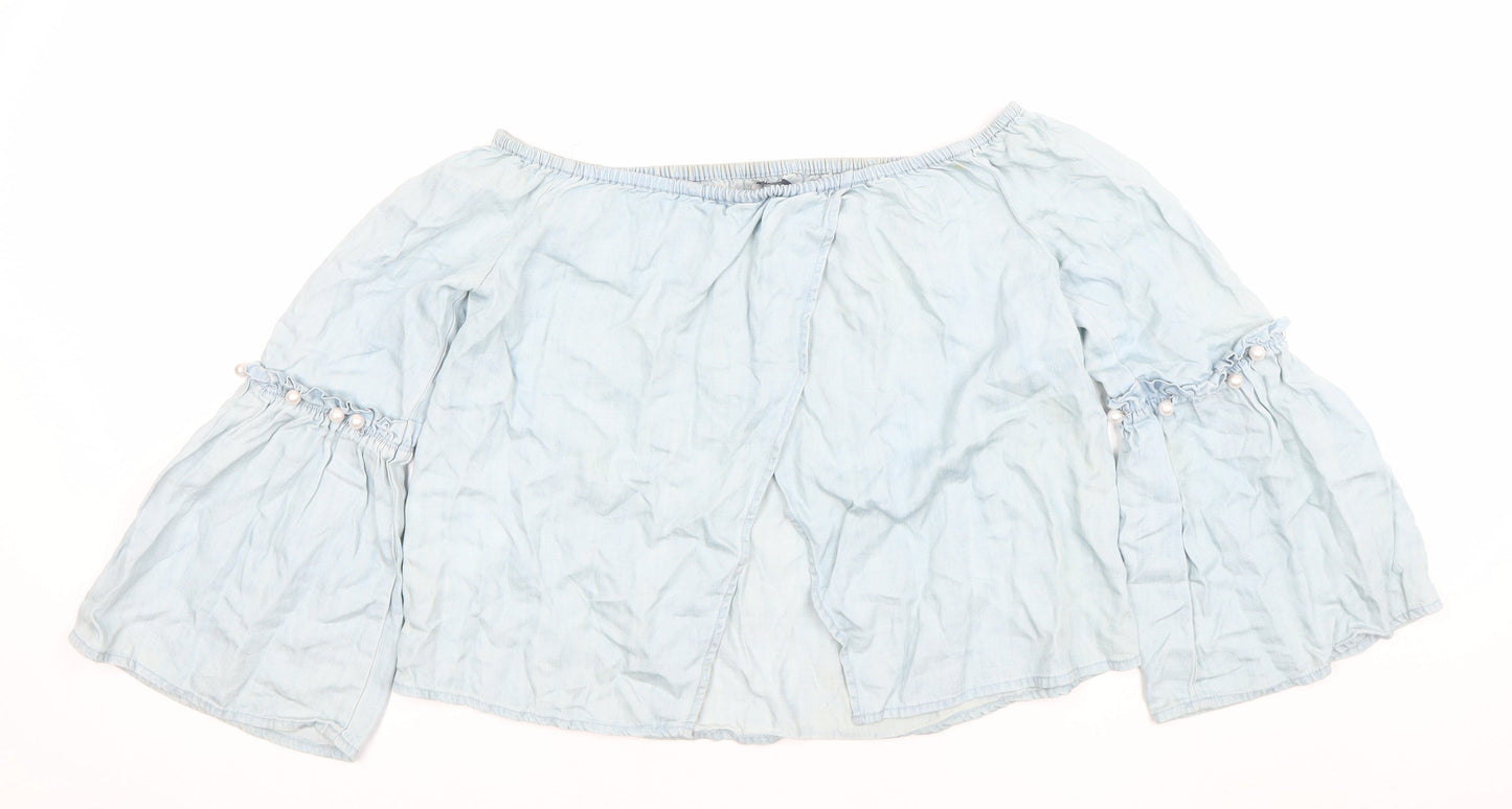 ONLY Women Blue Off Shoulder Bell Sleeve Peasant Style Blouse Size 10