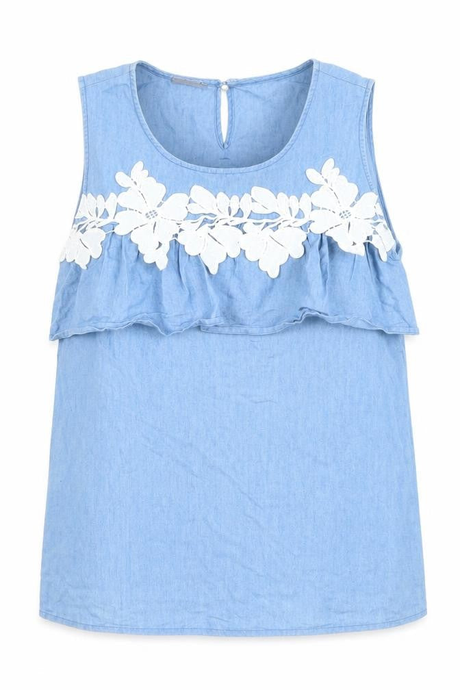 Vero Moda Women Blue Cotton Chambray Floral Sleeveless Blouse L