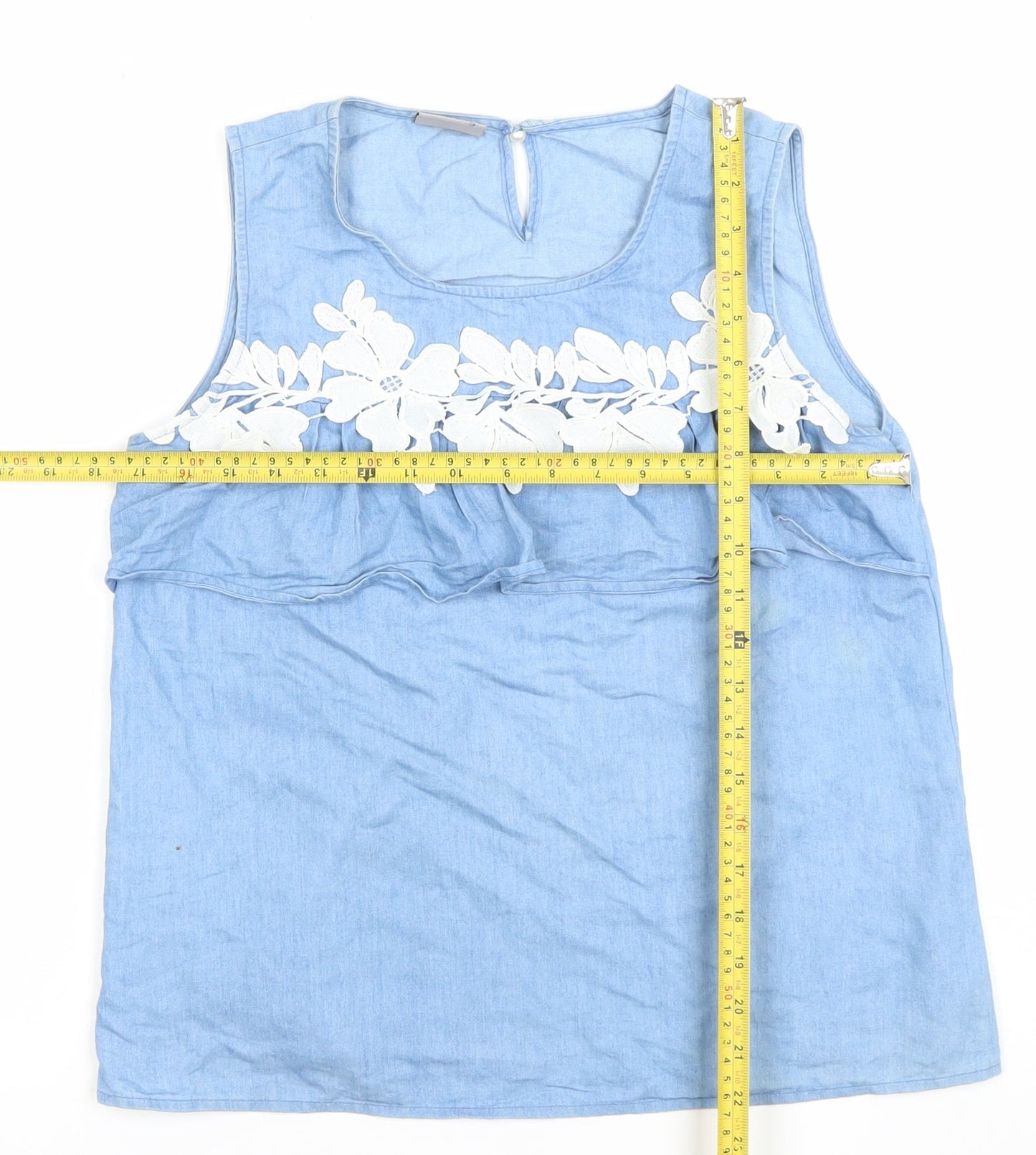 Vero Moda Women Blue Cotton Chambray Floral Sleeveless Blouse L