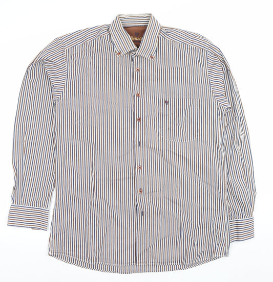 Benetti Men's Brown Striped Button-Down Long Sleeve Cotton Formal Shirt M