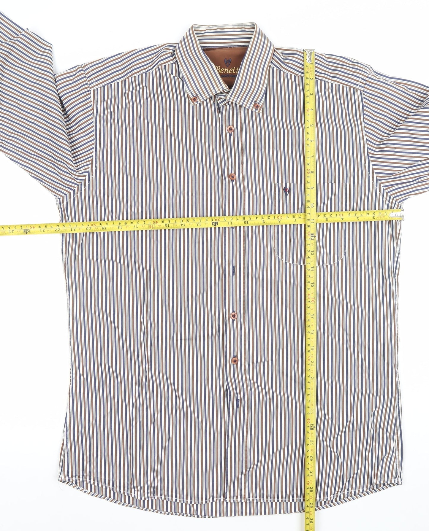 Benetti Men's Brown Striped Button-Down Long Sleeve Cotton Formal Shirt M