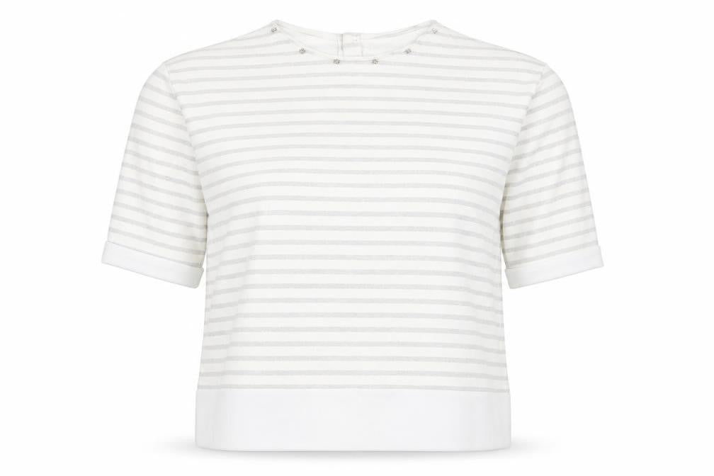 Zara Basic Women White Grey Striped 3/4 Sleeve Button-Back Blouse Size L