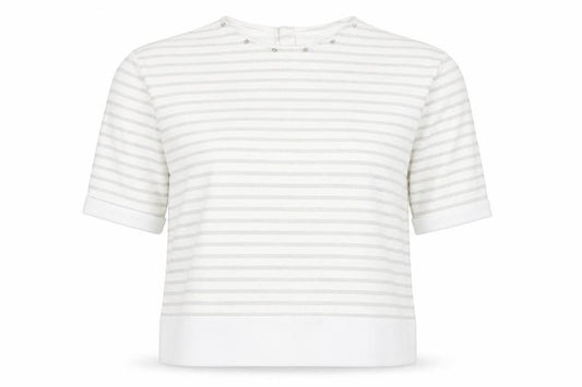 Zara Basic Women White Grey Striped 3/4 Sleeve Button-Back Blouse Size L