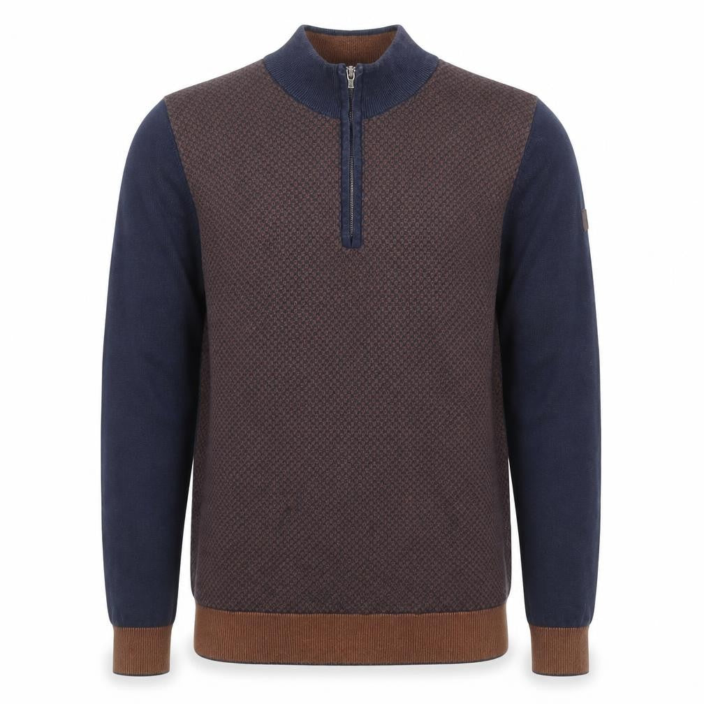 Benetti Men's Blue Brown Medium 1/2 Zip Cotton Jumper
