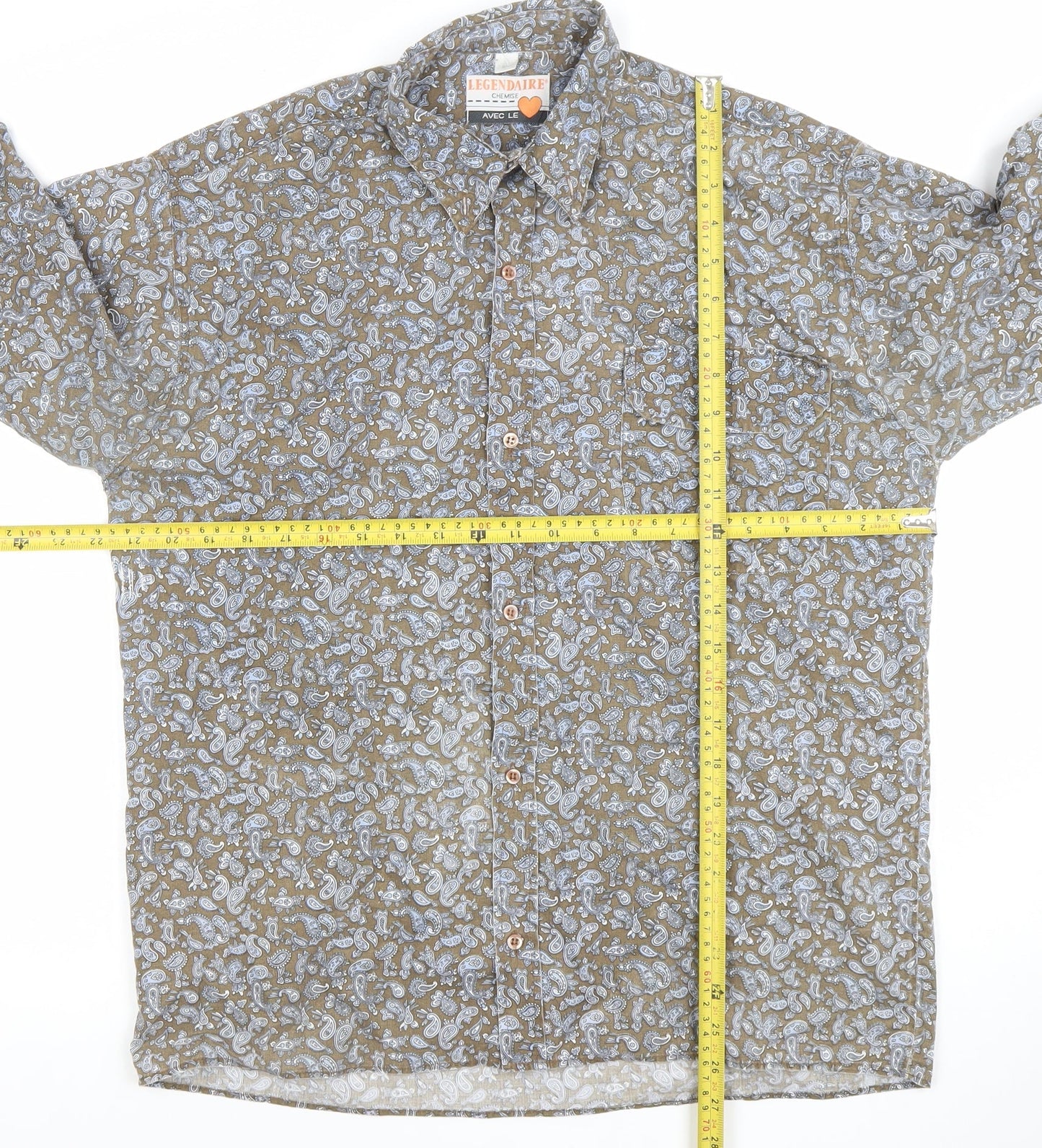 Legendaire Men's Brown Paisley Cotton Long Sleeve Button-Up Shirt L