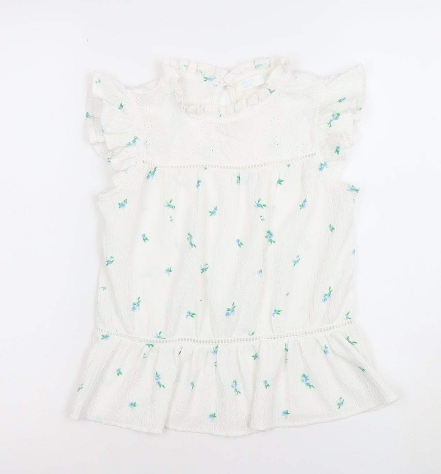 Leigh Tucker Willow Girls White Floral Ruffle Blouse 9-10 Years