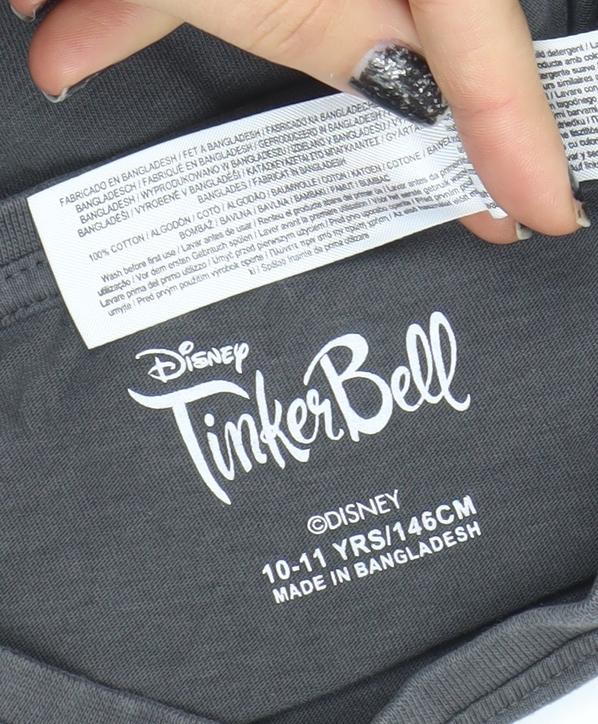 Disney Tinker Bell Girls Black Graphic T-Shirt 10-11 Years Cotton