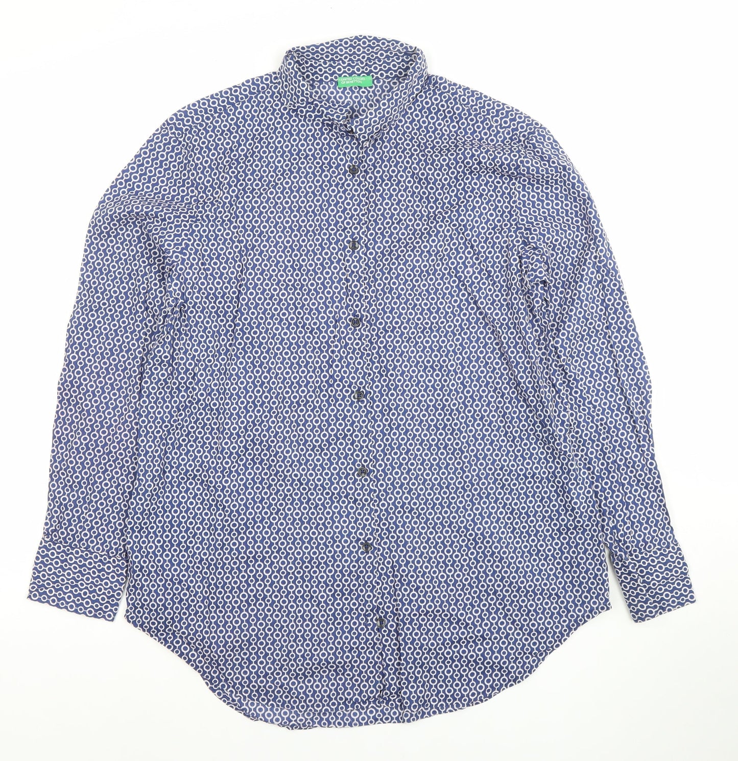 United Colors of Benetton Women's Blue Geometric Cotton Button-Up Shirt Size S
