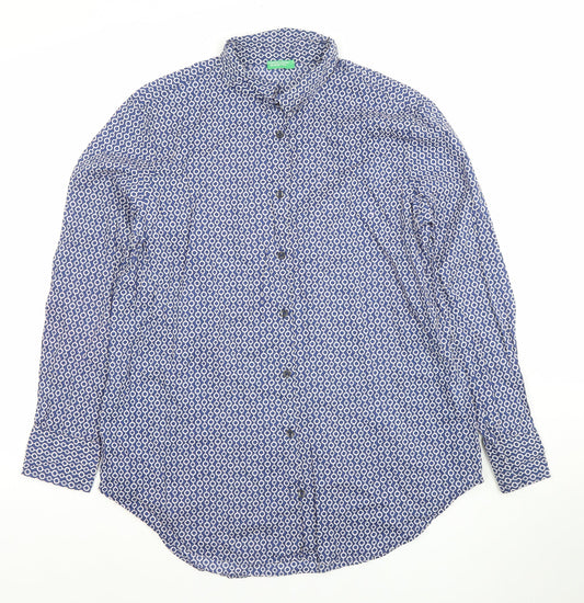 United Colors of Benetton Women's Blue Geometric Cotton Button-Up Shirt Size S