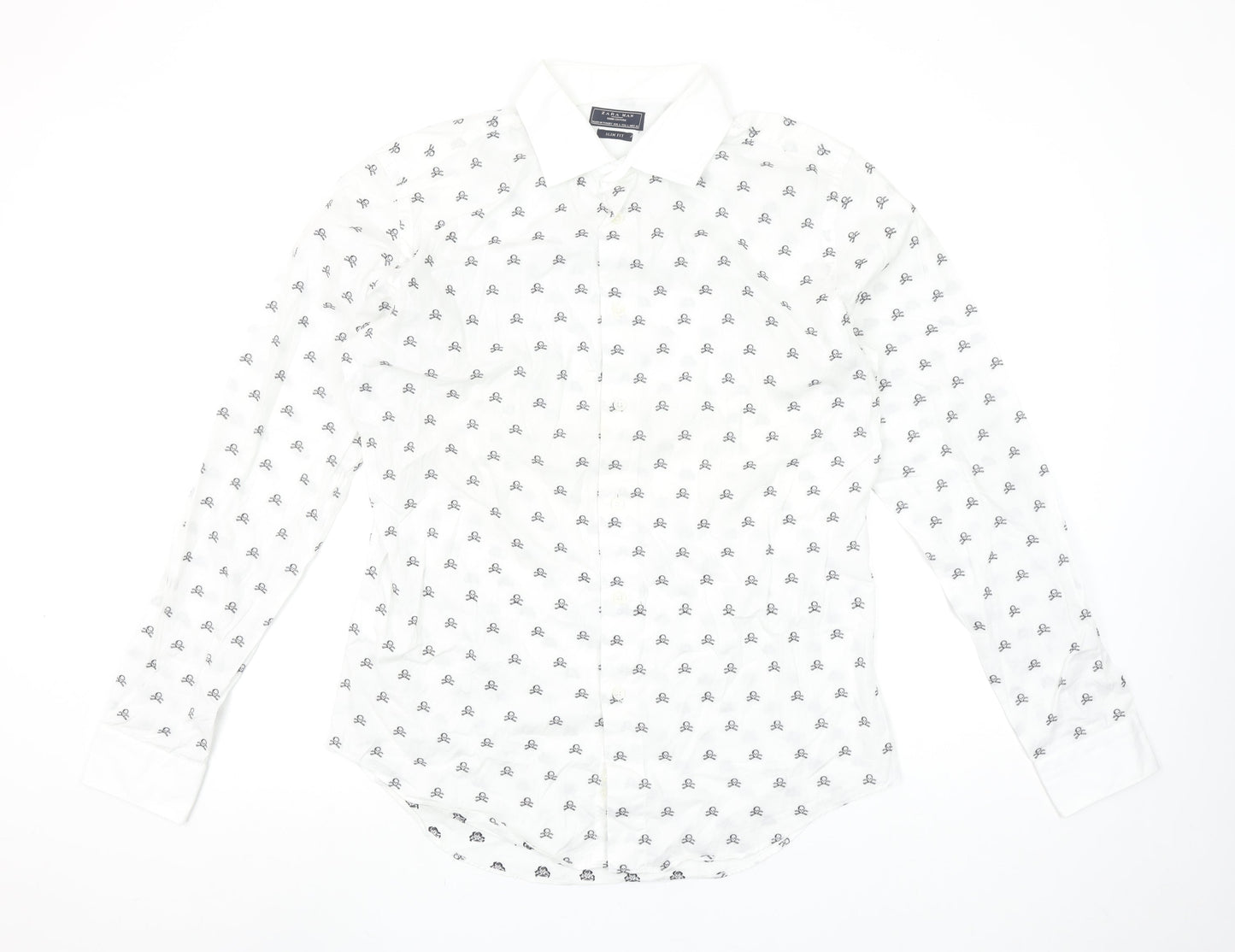 Zara Man White Slim Fit Skull Print Long Sleeve Shirt Size L