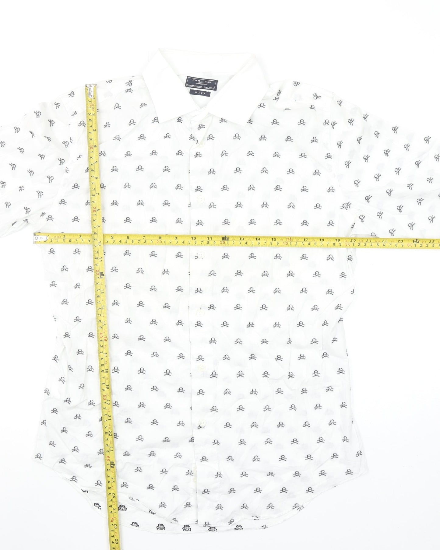 Zara Man White Slim Fit Skull Print Long Sleeve Shirt Size L