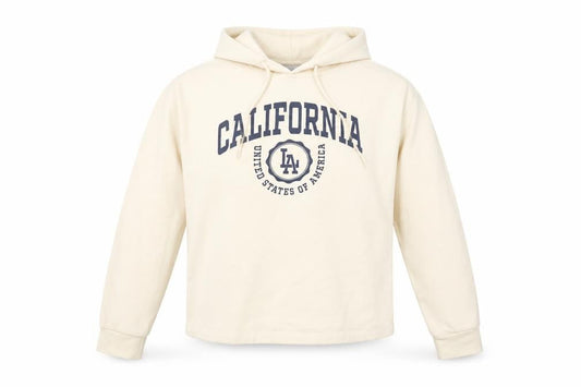 Front view of Only LIFE Women's Beige California LA Print Pullover Hoodie, size S