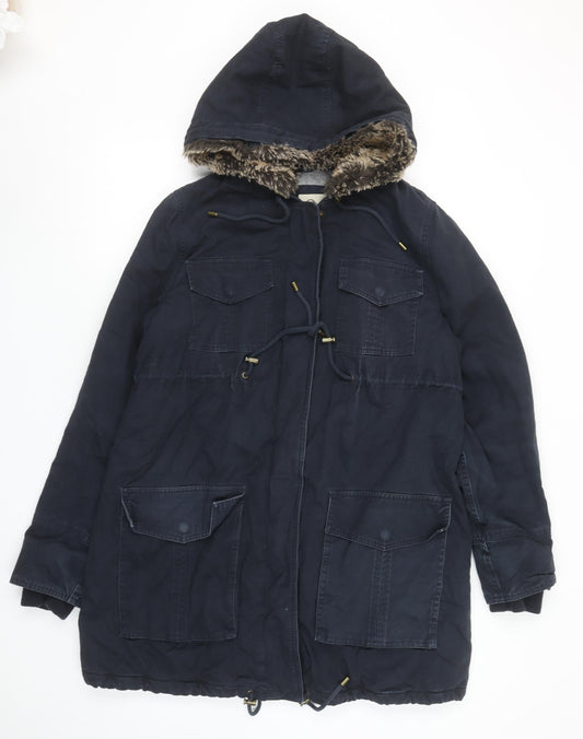 Noppies Women Blue Faux Fur Hooded Parka Coat Size M