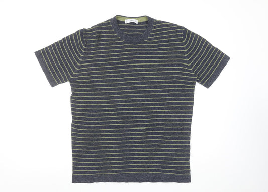 Mango Women’s Blue Striped Short Sleeve Cotton Blend T-Shirt Size 12