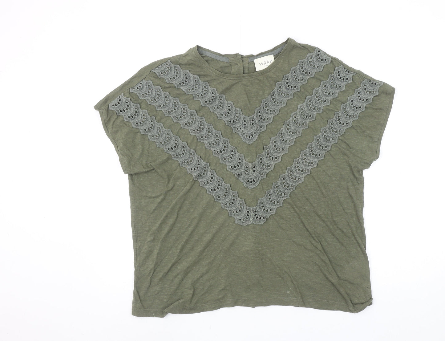 Wrap London Women's Green Cotton Modal Embroidered T-Shirt UK 14
