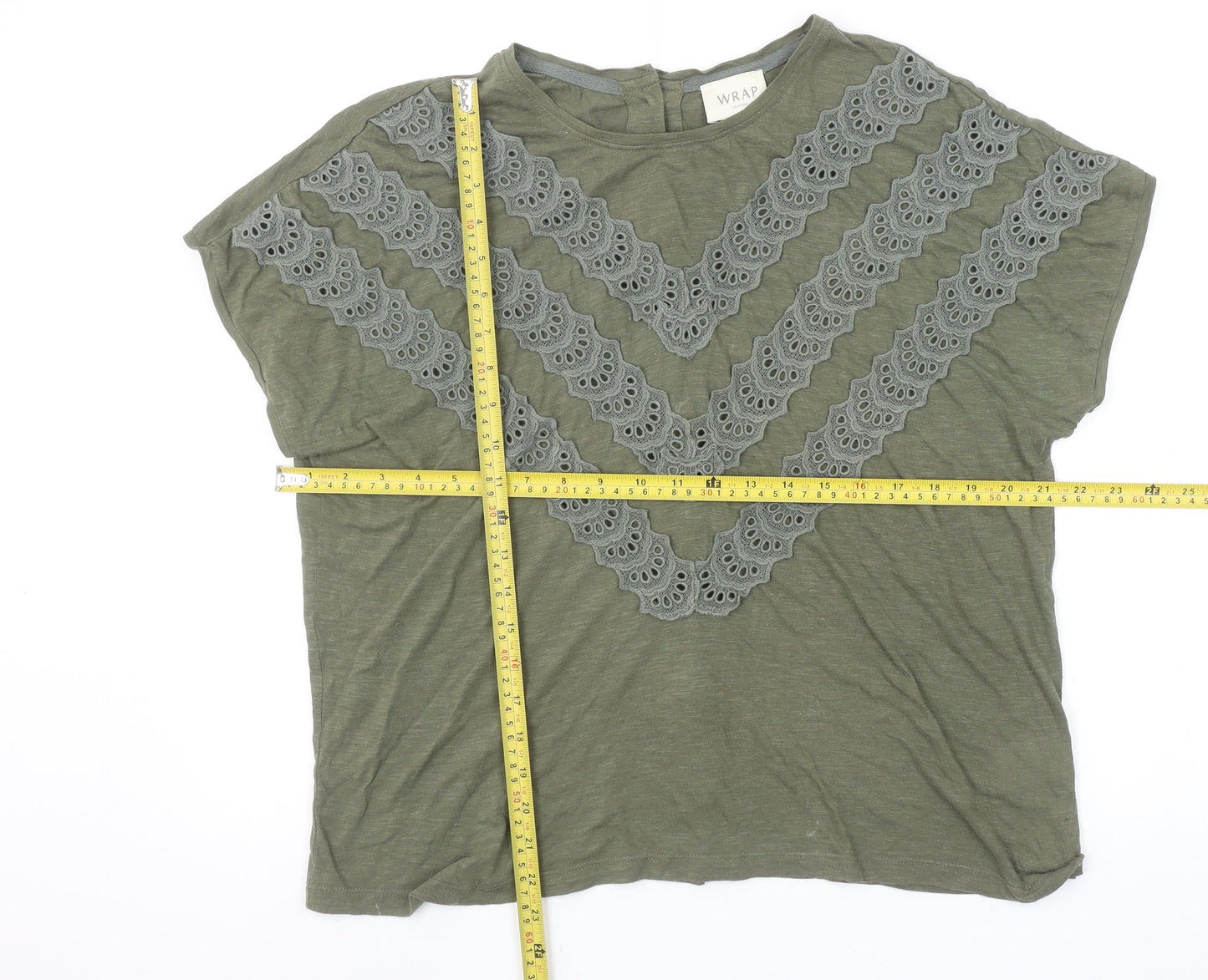 Wrap London Women's Green Cotton Modal Embroidered T-Shirt UK 14