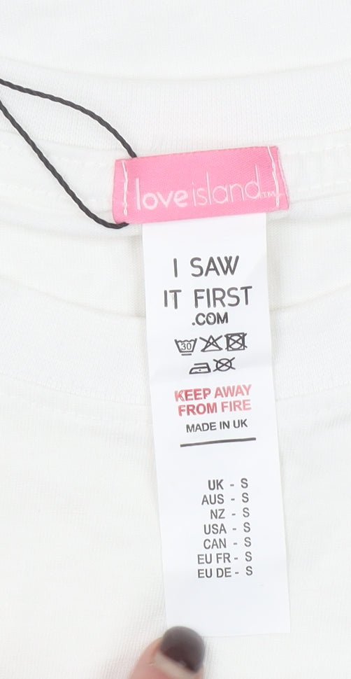 Love Island Women’s White Cotton T-Shirt Size S Crew Neck Short Sleeve