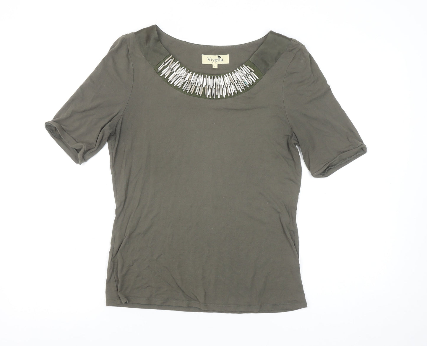 Viyella Womens Green Beaded Boat Neck Viscose T-Shirt Size S