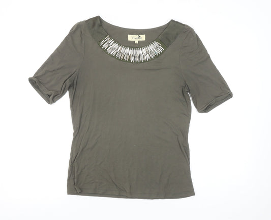 Viyella Womens Green Beaded Boat Neck Viscose T-Shirt Size S