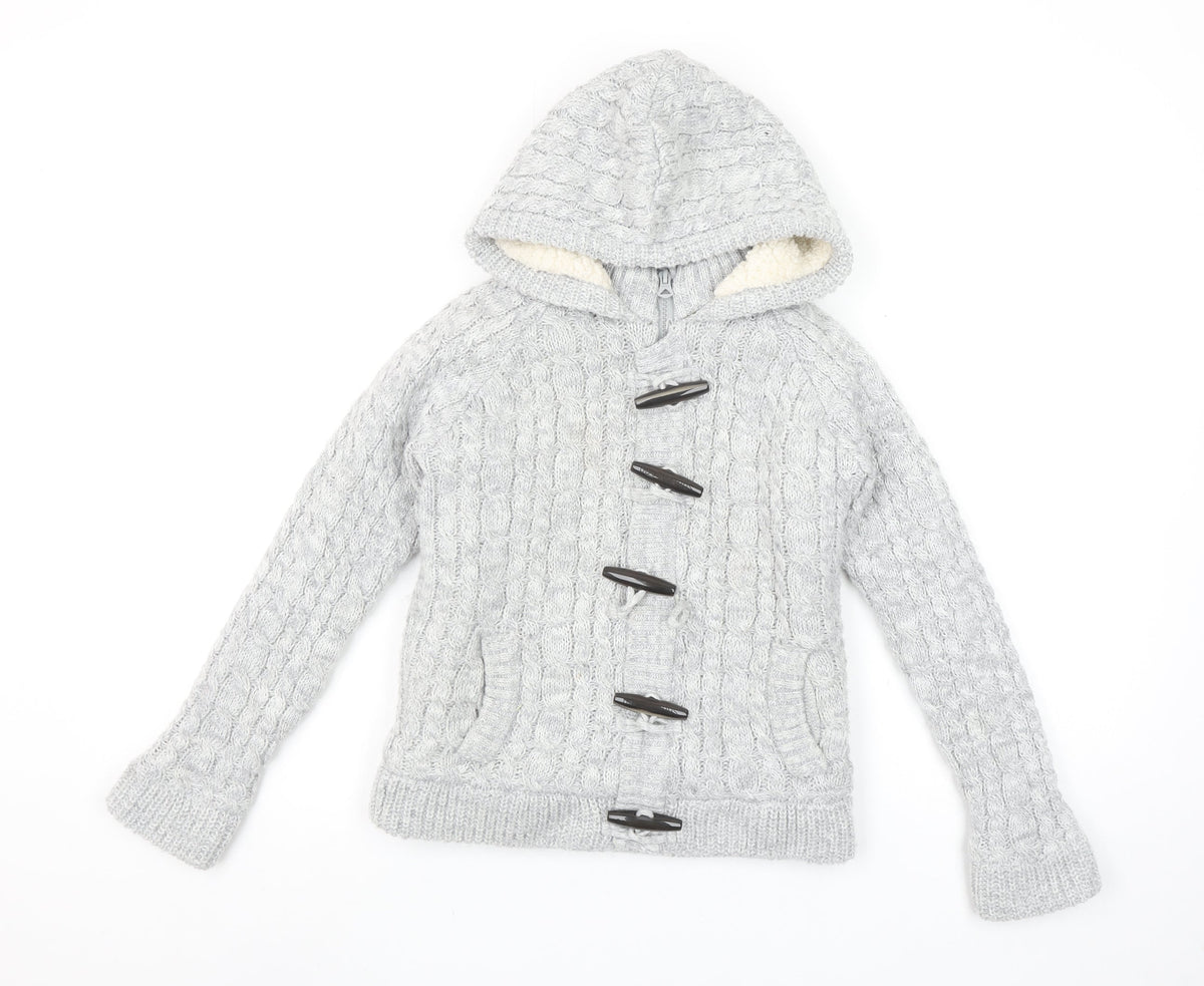 SoulCal & Co Boys Grey Hooded Cable-Knit Cardigan 9-10 Years Toggle Zip Warm