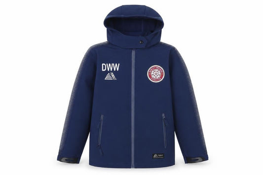 Front view of Pendle boys’ blue softshell hooded football jacket 11-12 years full zip